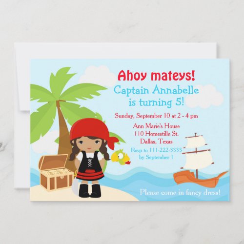 Cute African American Pirate Girl Birthday Party Invitation