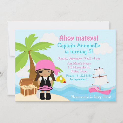 Cute African American Pirate Girl Birthday Party Invitation