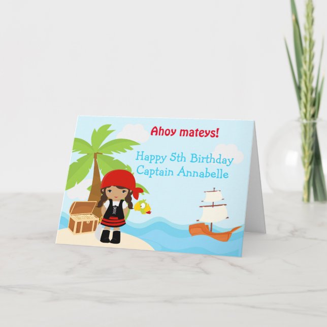 Cute African American Pirate Girl Birthday Red Card (Front)