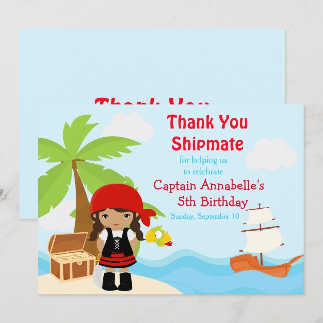 Cute African American Pirate Girl Birthday Red Thank You Card (Front/Back)