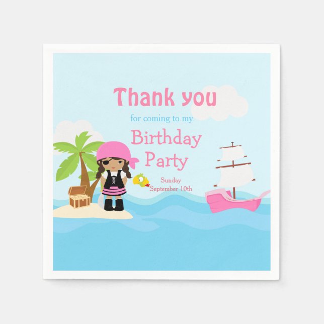 Cute African American Pirate Girl in Pink Birthday Napkins (Front)