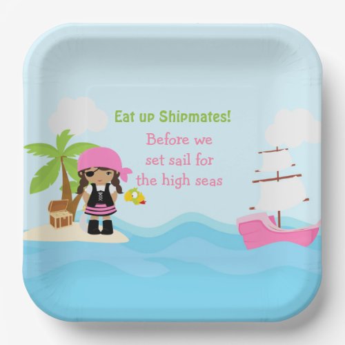 Cute African American Pirate Girl in Pink Birthday Paper Plates