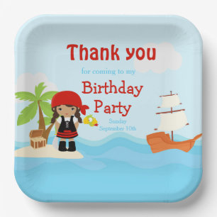Cute African American Pirate Girl in Red Birthday Paper Plates