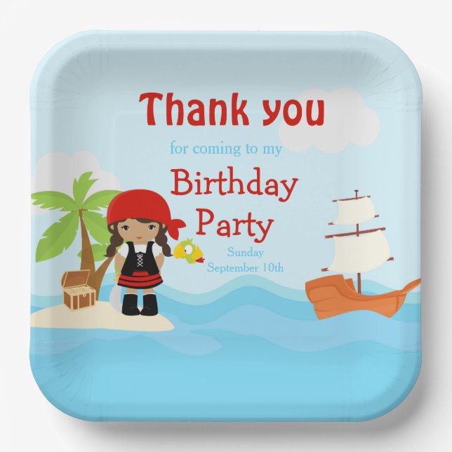 Cute African American Pirate Girl in Red Birthday Paper Plates (Front)
