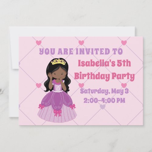 Cute African American Princess Girl Birthday Party Invitation