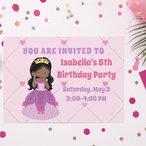 Cute African American Princess Girl Birthday Party Invitation