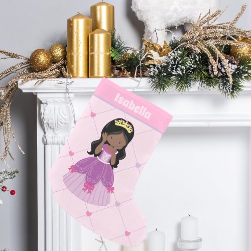 Cute African American Princess Girl Pink Kids Small Christmas Stocking