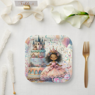 Cute African American Princess Pink Castle Cake Paper Plates