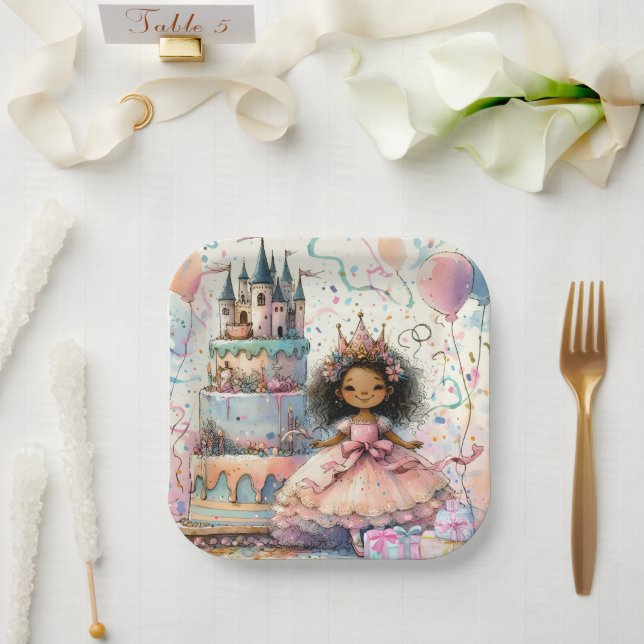 Cute African American Princess Pink Castle Cake Paper Plates (Wedding)