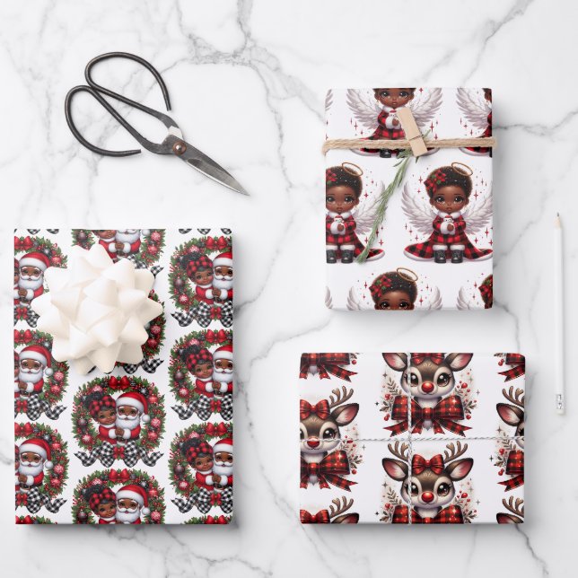 Cute African American Red & Black Christmas Wrapping Paper Sheets (Front)