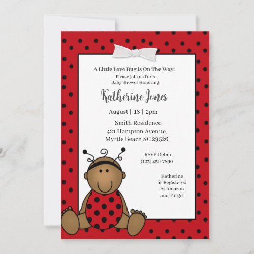 Cute African American Red Ladybug Baby Shower Invitation