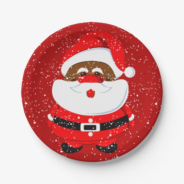Cute African American Santa Claus Christmas Paper Plates (Front)