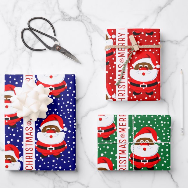 Cute African-American Santa Claus Merry Christmas Wrapping Paper Sheets (Front)