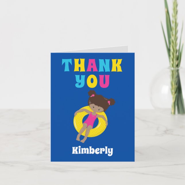 Cute African American Swim Girl Custom Kids Blue Thank You Card (Front)