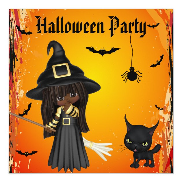 Cute African American Witch & Cat Halloween Party Invitation