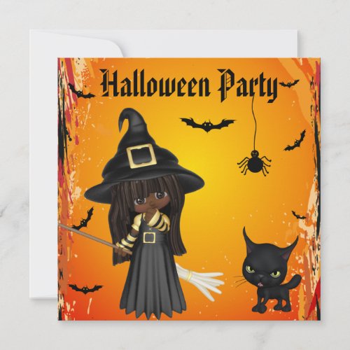 Cute African American Witch  Cat Halloween Party Invitation
