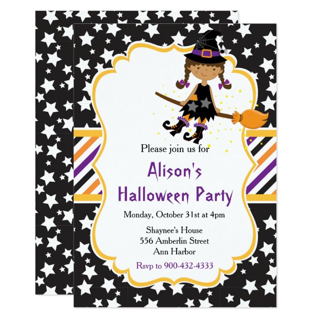 Cute African American Witch Halloween Party Invitation