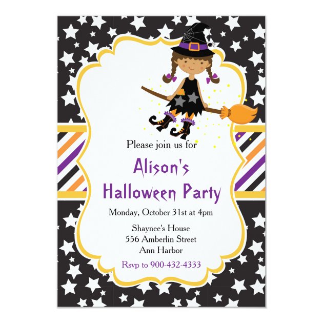 Cute African American Witch Halloween Party Invitation