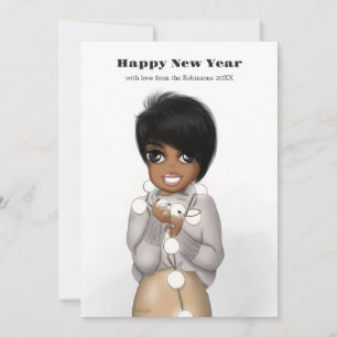 Cute African American Woman Christmas Lights Holiday Card
