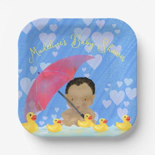 Cute African American Yellow Ducky Baby Shower  Paper Plates