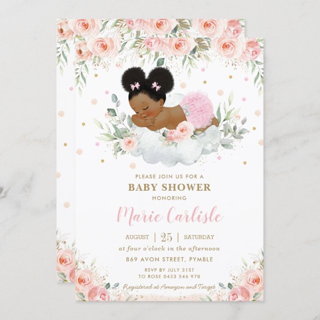 Cute African Blush Floral Girl Baby Shower Invitation (Front/Back)