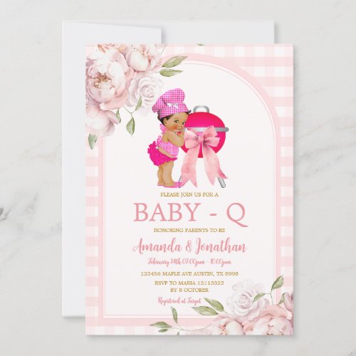 Cute African Girl BBQ Pink Gingham Baby Shower Invitation