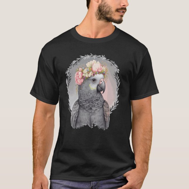 Cute African Gray Parrot Bird Flower Crown Pet Bir T-Shirt (Front)