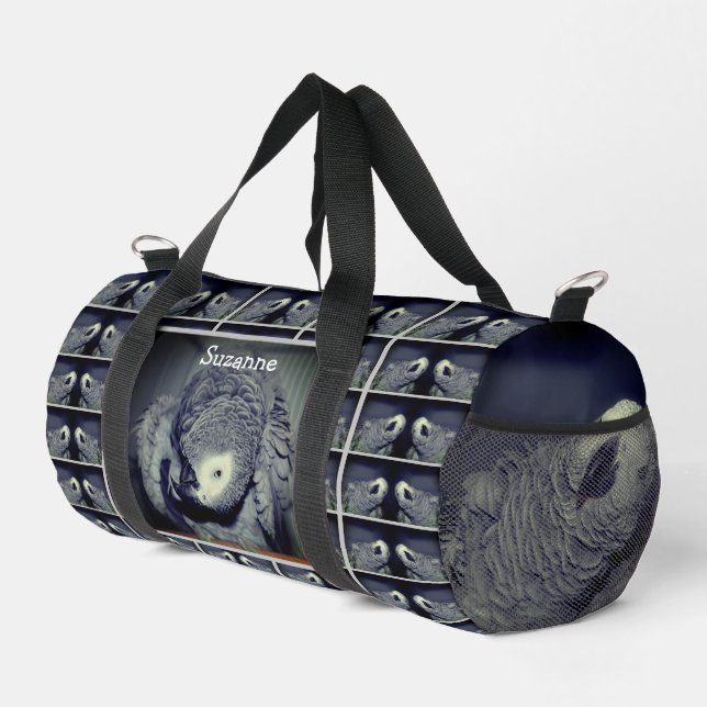 Cute African Grey Parrot Personalized Duffle Bag (Right Corner)