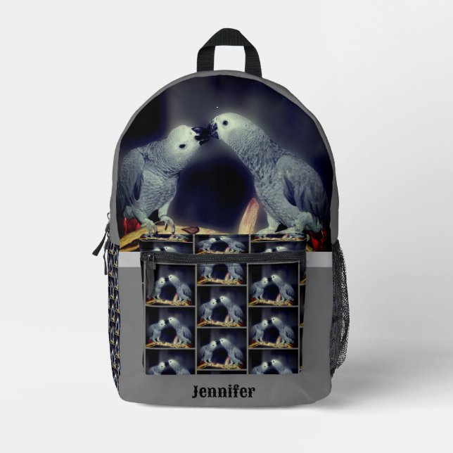 Cute African Grey Parrots Kissing Personalized Printed Backpack (Front)