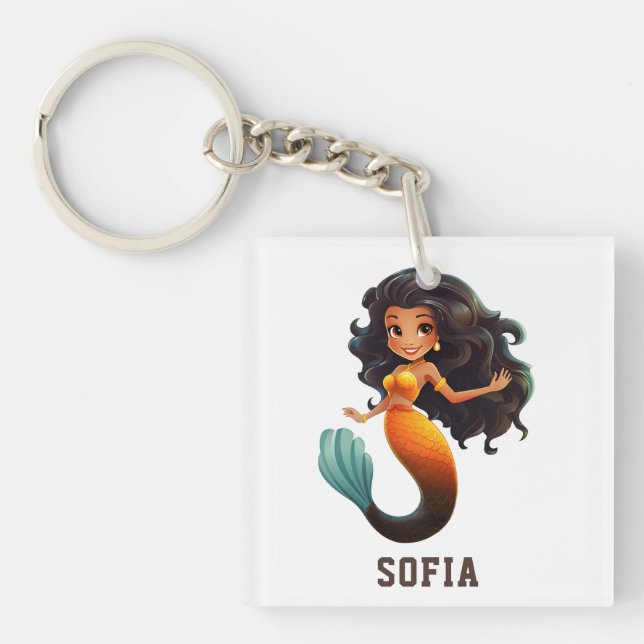 Cute African Mermaid Girl - Custom Name Afro Kids Keychain (Front)