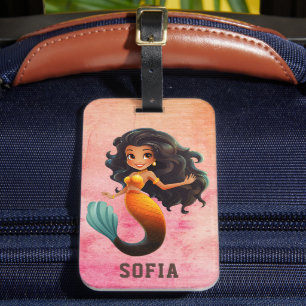 Cute African Mermaid Girl - Custom Name Afro Kids Luggage Tag