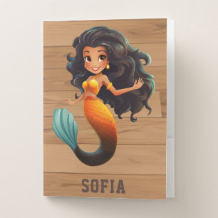Cute African Mermaid Girl - Custom Name Afro Kids Pocket Folder