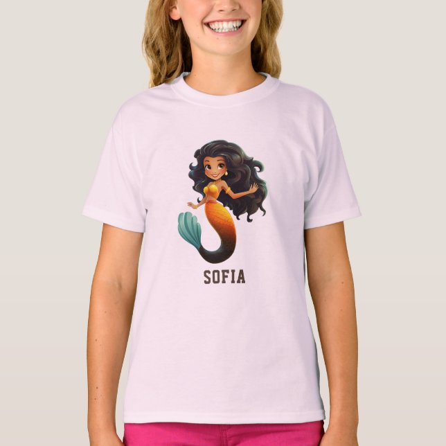 Cute African Mermaid Girl - Custom Name Afro Kids T-Shirt (Front)