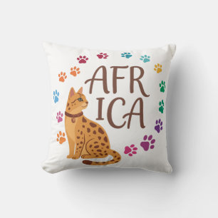 Cute African Savannah Cat with Colorful Paw Prints Throw Pillow