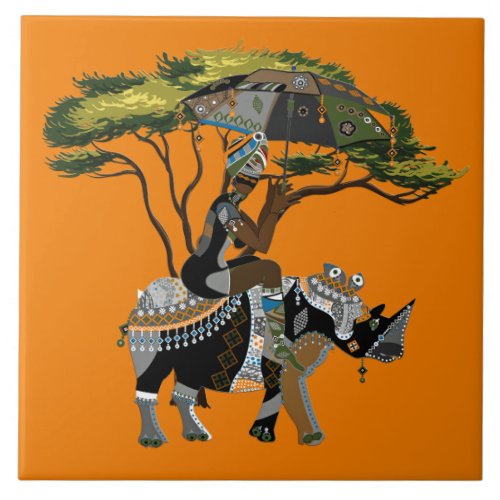 Cute African Tribal lady rhino decor Ceramic Tile