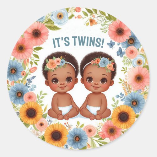 Cute African Twin Boys Baby Shower Watercolor Classic Round Sticker