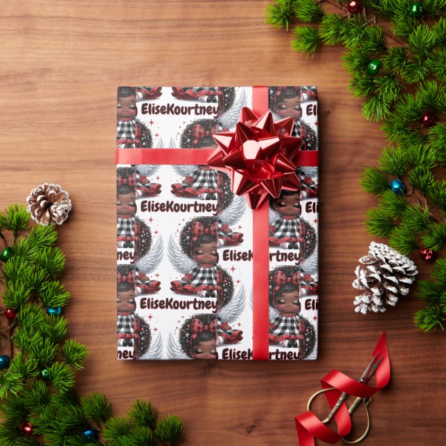 Cute Afro Angel Little Girl Red & Black Christmas Wrapping Paper (Holiday Gift)