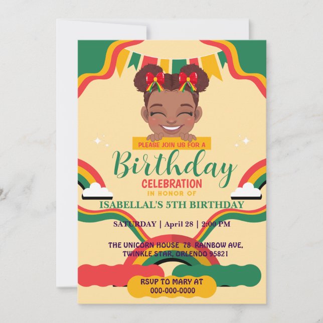Cute afro bow African american girls Birthday  Invitation (Front)