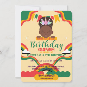Cute afro unicorn African american girls Birthday Invitation