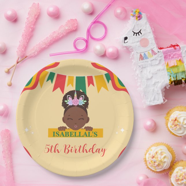 Cute afro unicorn African american girls Birthday  Paper Plates (Party)