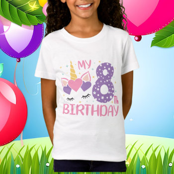 Cute Age Eight Unicorn Birthday T-shirt by DoodlesGifts at Zazzle