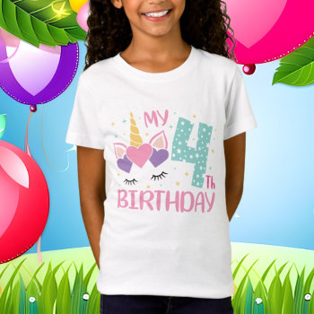 Cute Age Four Unicorn Birthday T-shirt by DoodlesGifts at Zazzle
