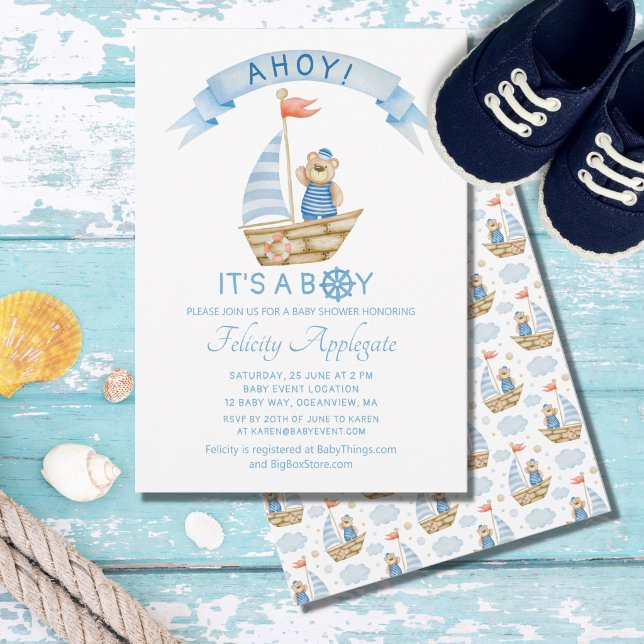 Cute Ahoy It's A Boy Bear Nautical Baby Shower Invitation