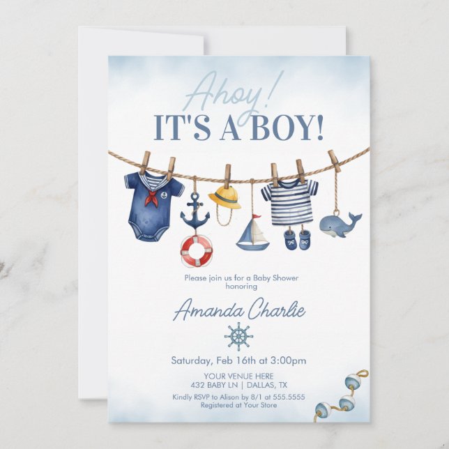 Cute Ahoy It's a Boy clothesline Baby Shower Invitation (Front)