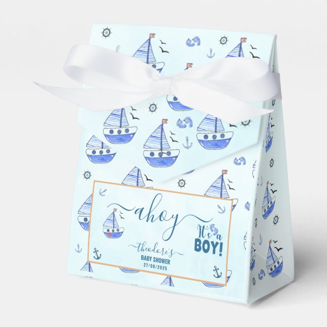 Cute Ahoy It's a Boy Sailboat Nautical Baby Shower Favor Boxes (Front Side)