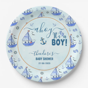 Cute Ahoy It's a Boy Sailboat Nautical Baby Shower Paper Plates