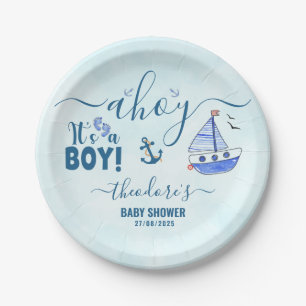 Cute Ahoy It's a Boy Sailboat Nautical Baby Shower Paper Plates