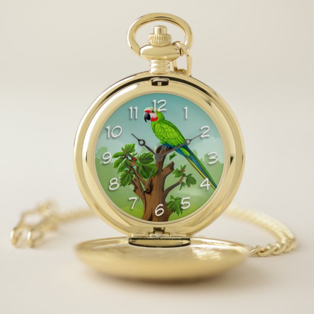 Cute AI Generated Amazon Parrot on Tree Branch Pocket Watch (Inside)