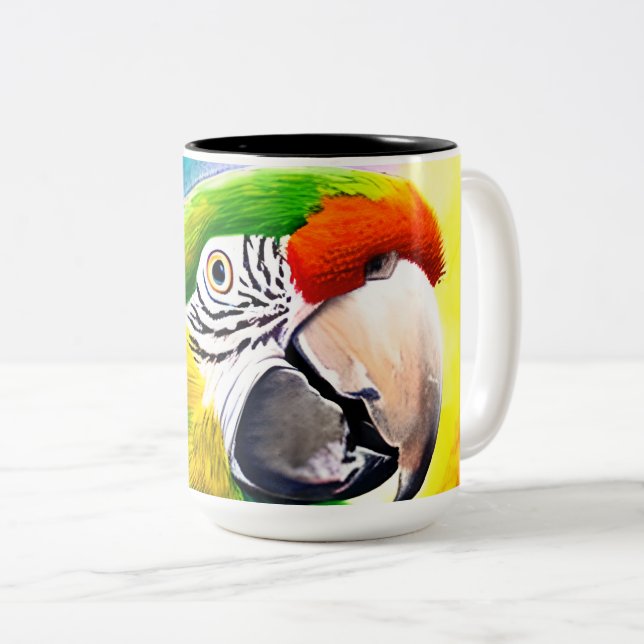 Cute AI Generated Parrot Close Up Two-Tone Coffee Mug (Front Right)