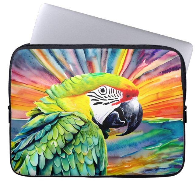 Cute AI Generated Watercolor Style Green Parrot Laptop Sleeve (Front)